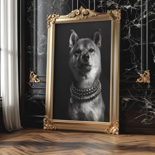 Dog Photography Shiba Inu Portrait Print | Black and White Pet with Chains wall art print, minimalist black and white poster, modern Scandinavian wall decor, Monohaus