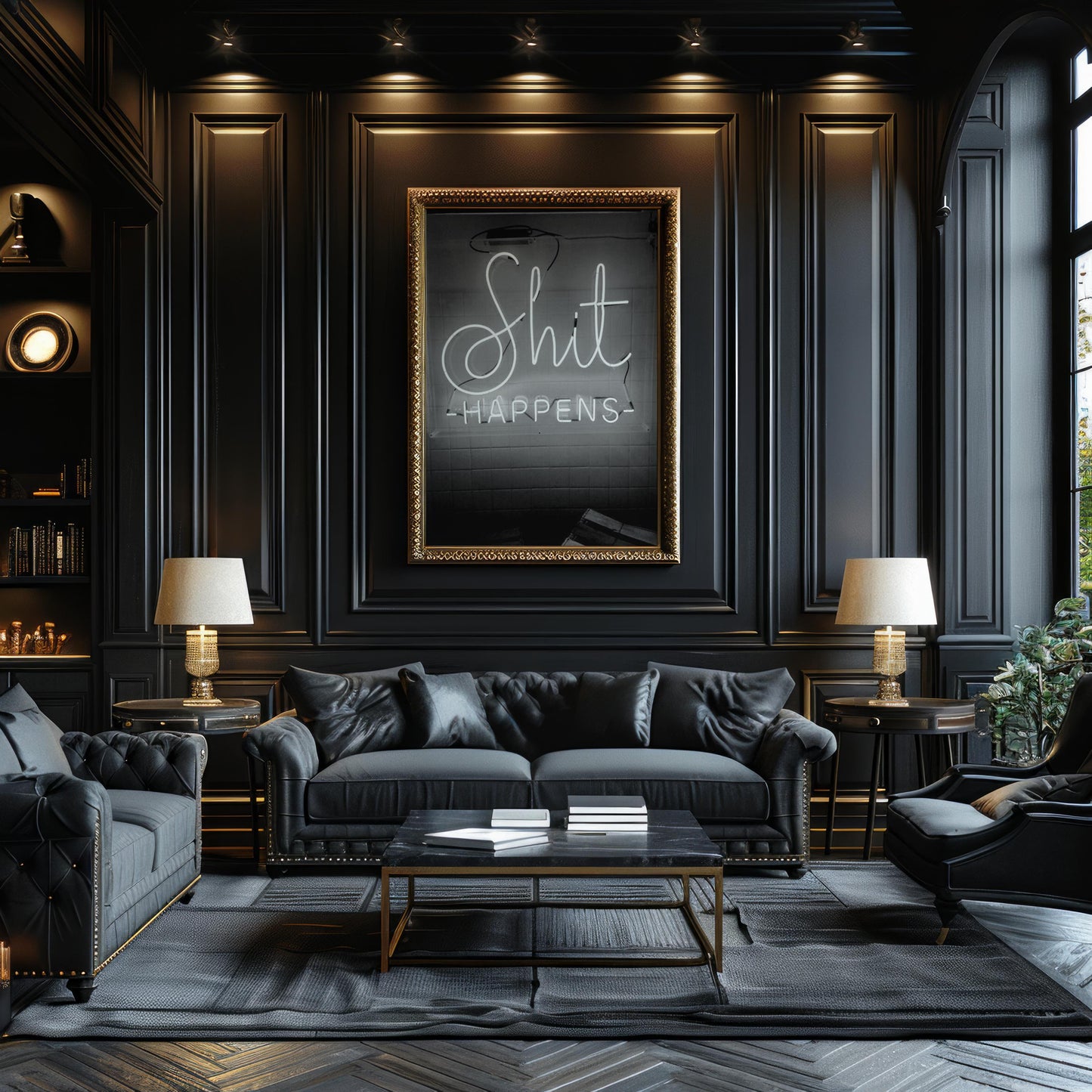 Designer Wall Art | Shit Happens Neon Sign Print | Black & White Quote Poster typography wall art print, minimalist black and white type poster, modern graphic design decor, Monohaus