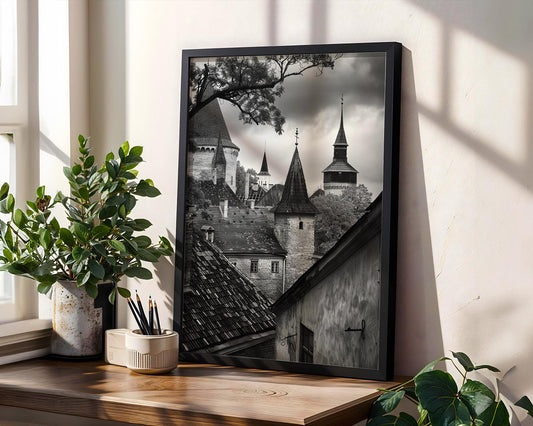 World Landmark | Tallinn Old Town Rooftops Print | Black and White Estonia Architecture