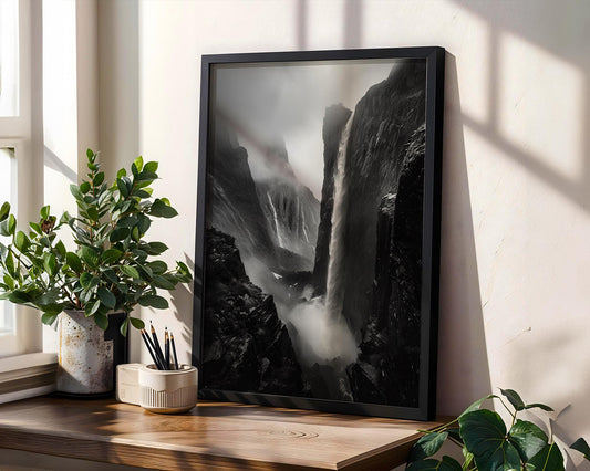 World Landmark | Waterfall Canyon Print | Black and White Landscape Photography wall art print, minimalist black and white poster, modern Scandinavian wall decor, Monohaus