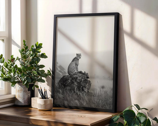 Wildlife Poster | Cheetah on Rock Print | Minimalist Safari Photography wall art print, minimalist black and white poster, modern Scandinavian wall decor, Monohaus