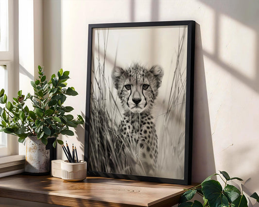 Wildlife Poster | Cheetah Cub Portrait | Minimalist Fine Art Print wall art print, minimalist black and white poster, modern Scandinavian wall decor, Monohaus