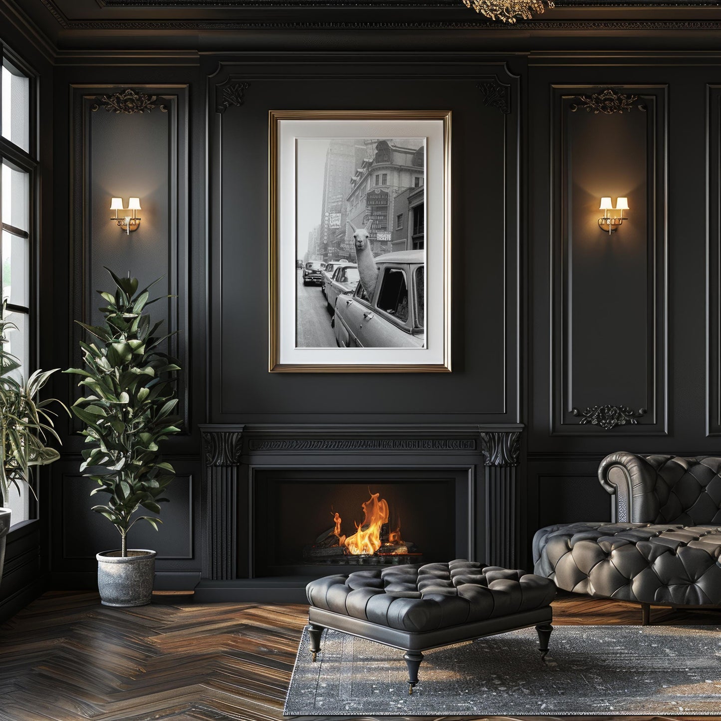 Designer Wall Art | Funny Llama in Car Print | Black and White City Photography wall art print, black and white architectural poster, minimalist modern Scandinavian wall decor, Monohaus