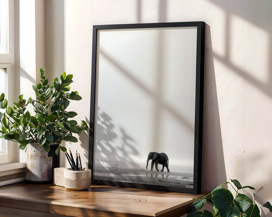 Wildlife Poster | Elephant in Mist Print | Minimalist Safari Wall Art wall art print, minimalist black and white poster, modern Scandinavian wall decor, Monohaus