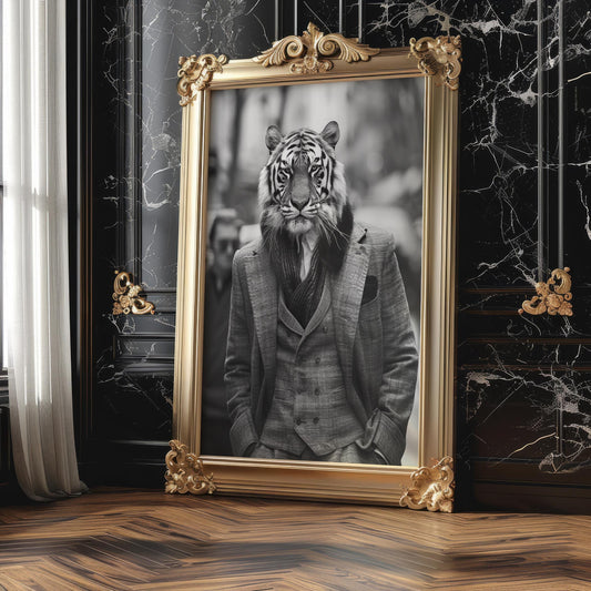 Designer Wall Art | Tiger Portrait in Formal Wear | Black and White Animal Print wall art print, minimalist black and white poster, modern Scandinavian wall decor, Monohaus