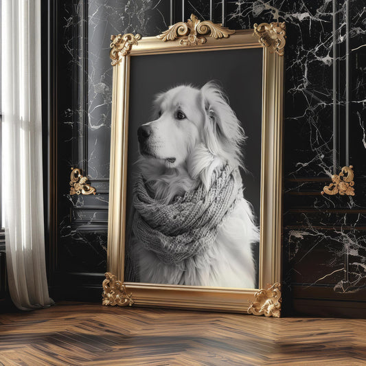 Dog Photography Pet Poster Print | Golden Retriever in Scarf, Minimalist Home Decor wall art print, minimalist black and white poster, modern Scandinavian wall decor, Monohaus