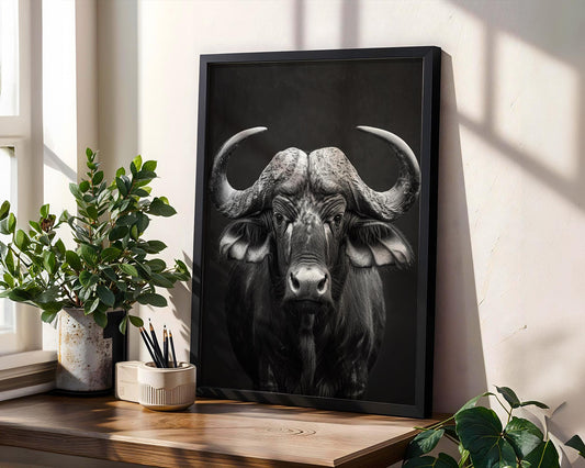 Wildlife Poster | Buffalo Portrait Print | Black & White African Photography wall art print, minimalist black and white poster, modern Scandinavian wall decor, Monohaus