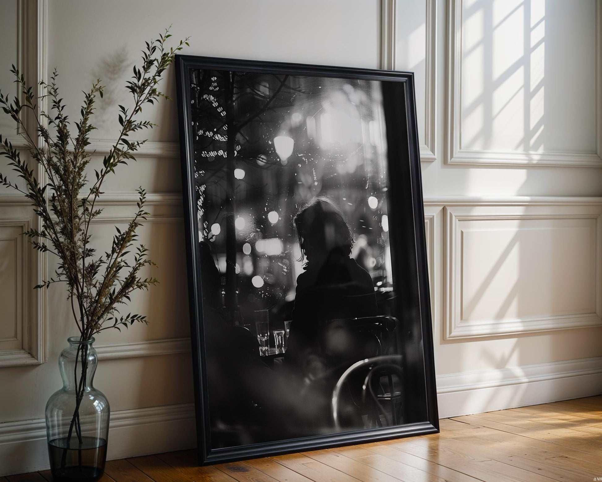 Urban Photography | Cafe Silhouette Print | Moody Black and White Night Photography black and white photo print, minimalist monochrome wall art poster for modern interiors, Monohaus