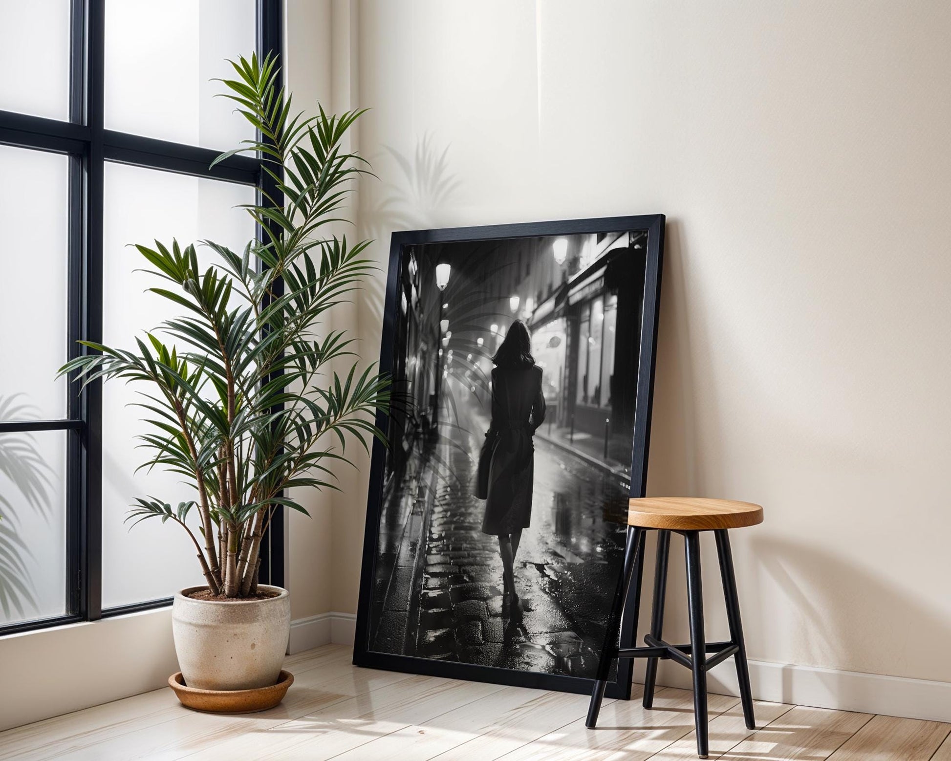 Paris Noir Photography Print | Woman Walking, Urban Night Scene black and white photo print, minimalist monochrome wall art poster for modern interiors, Monohaus