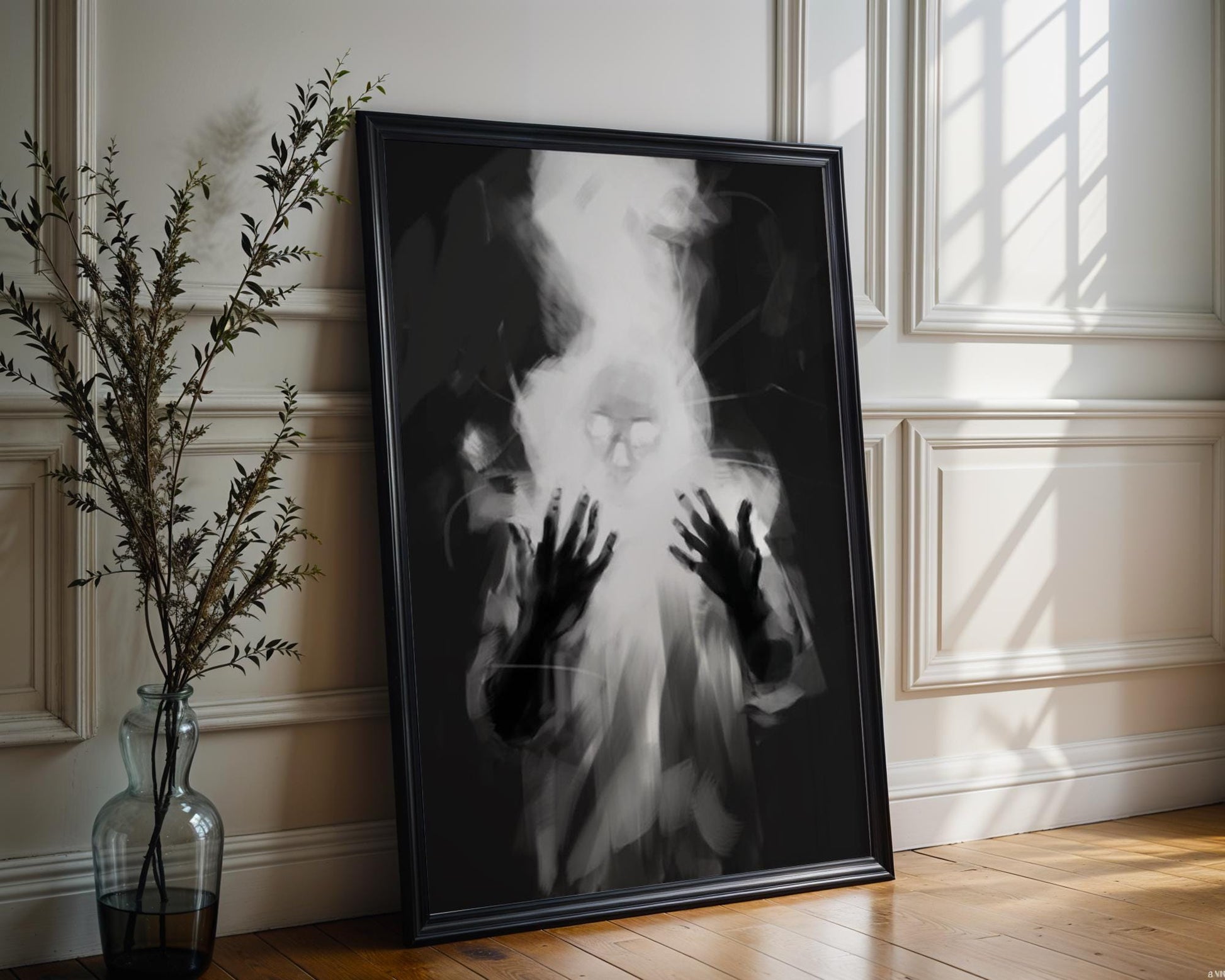 Designer Wall Art | Surreal Ghost Figure Print | Black and White Fantasy Poster wall art print, minimalist black and white poster, modern Scandinavian wall decor, Monohaus