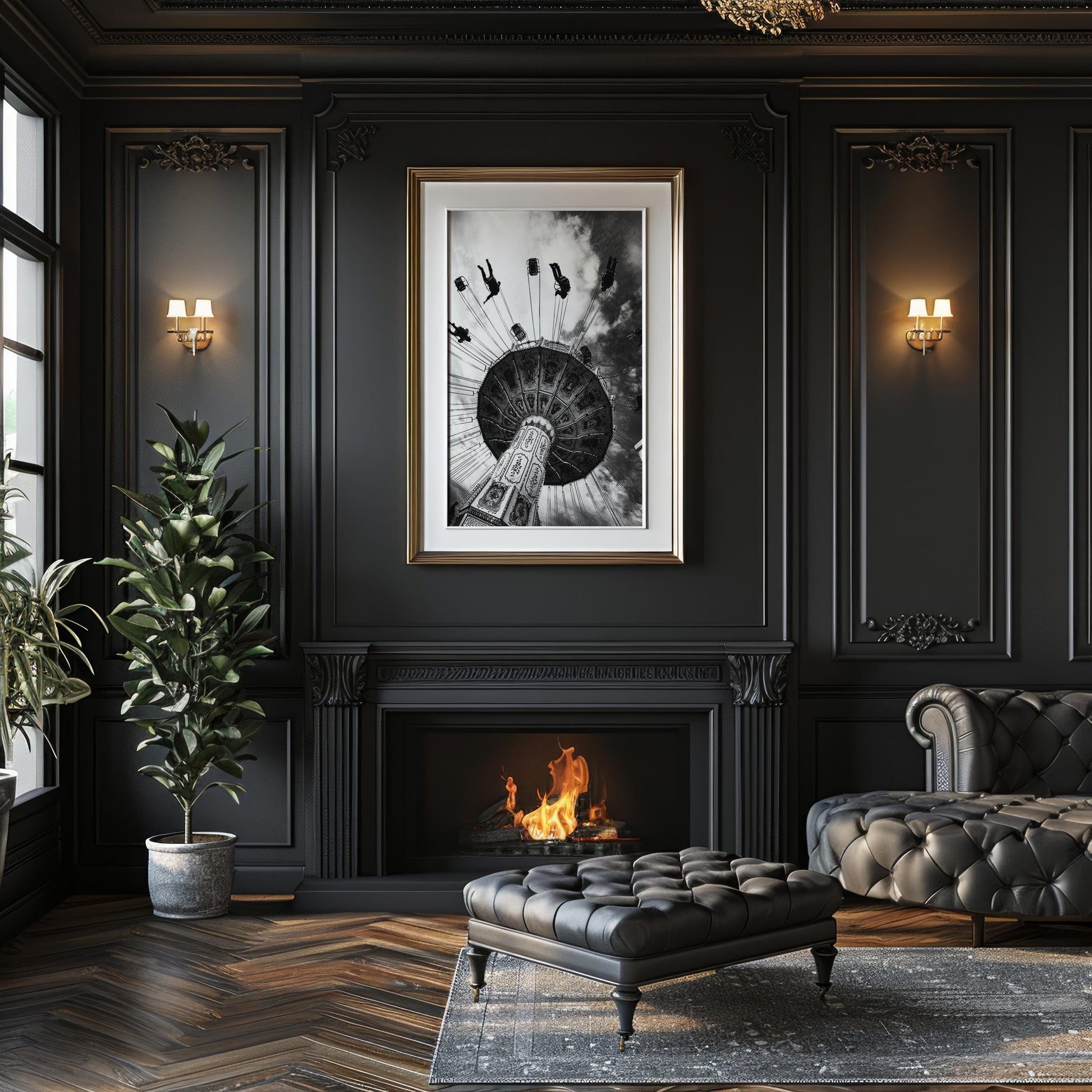 Designer Wall Art | Black and White Swing Ride Photo | Vintage Carnival Art Print wall art print, minimalist black and white poster, modern Scandinavian wall decor, Monohaus