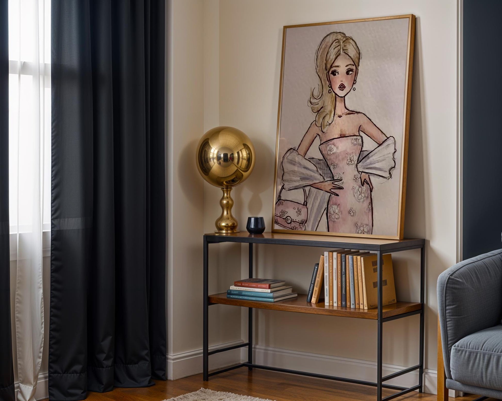 Designer Wall Art | Blonde Fashion Girl Print | Retro Pink Dress wall art print, minimalist black and white poster, modern Scandinavian wall decor, Monohaus