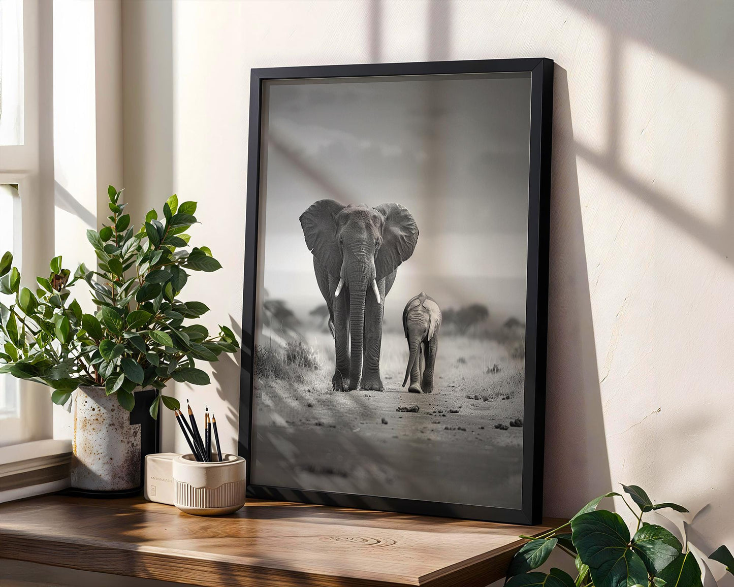 Wildlife Poster | Elephant and Calf Print • Black & White Safari Photography, Scandi Wall Art wall art print, minimalist black and white poster, modern Scandinavian wall decor, Monohaus