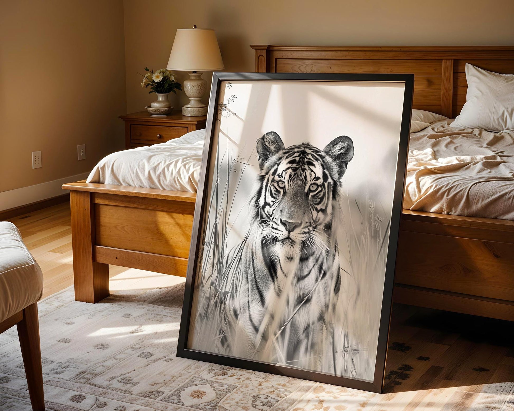 Wildlife Poster | Tiger in Tall Grass Fine Art Print • Minimalist Black & White Photography wall art print, minimalist black and white poster, modern Scandinavian wall decor, Monohaus