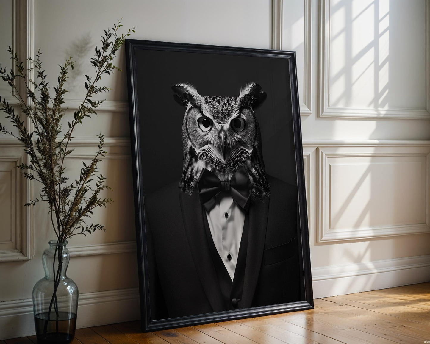 Designer Wall Art | Owl in Tuxedo Portrait Print | Black and White Animal Photography wall art print, minimalist black and white poster, modern Scandinavian wall decor, Monohaus