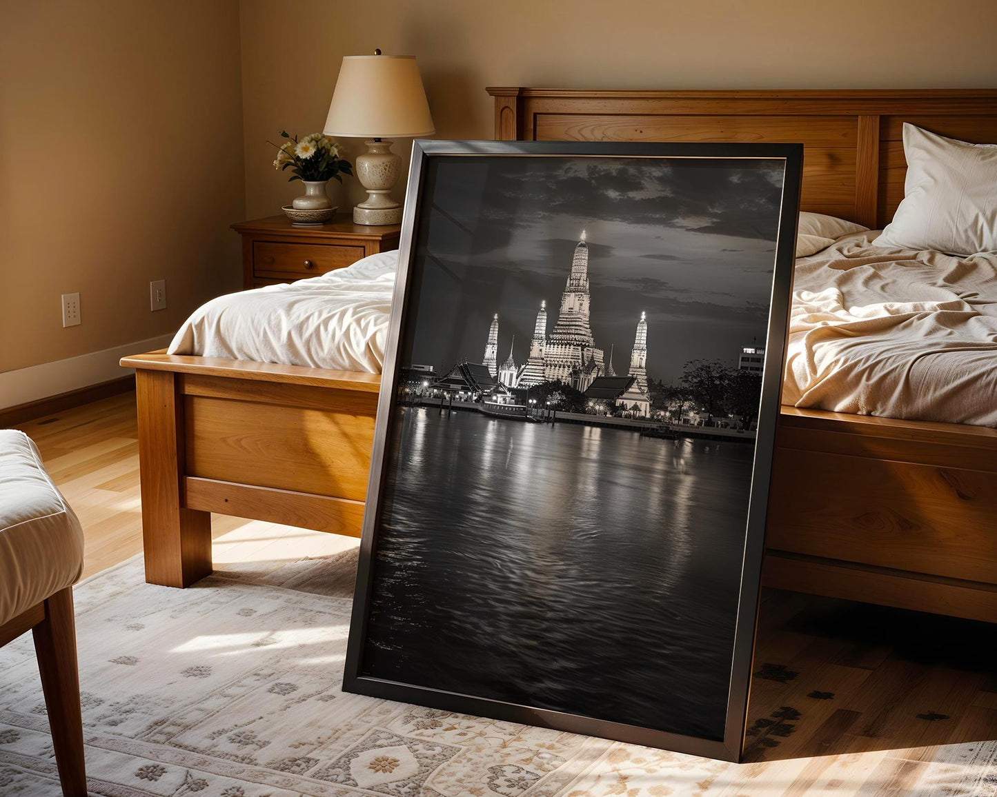 World Landmark | Wat Arun Temple Black and White Print | Bangkok Night Cityscape Wall Art