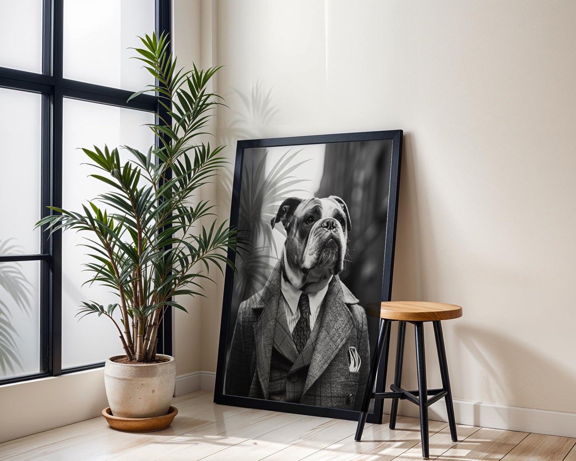 Dog Photography English Bulldog Tweed Coat Portrait | Vintage Pet Art Print wall art print, minimalist black and white poster, modern Scandinavian wall decor, Monohaus