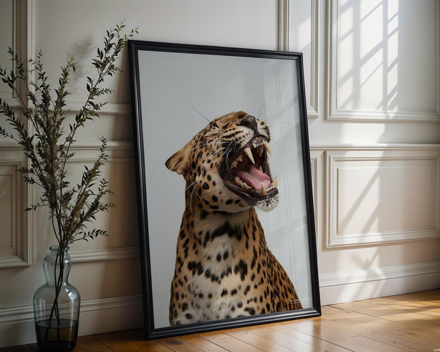 Designer Wall Art | Growling Leopard Print | Black and White Safari Animal Photo wall art print, minimalist black and white poster, modern Scandinavian wall decor, Monohaus