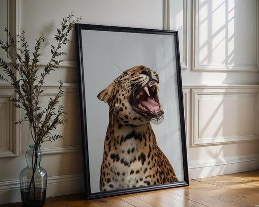 Designer Wall Art | Growling Leopard Print | Black and White Safari Animal Photo wall art print, minimalist black and white poster, modern Scandinavian wall decor, Monohaus