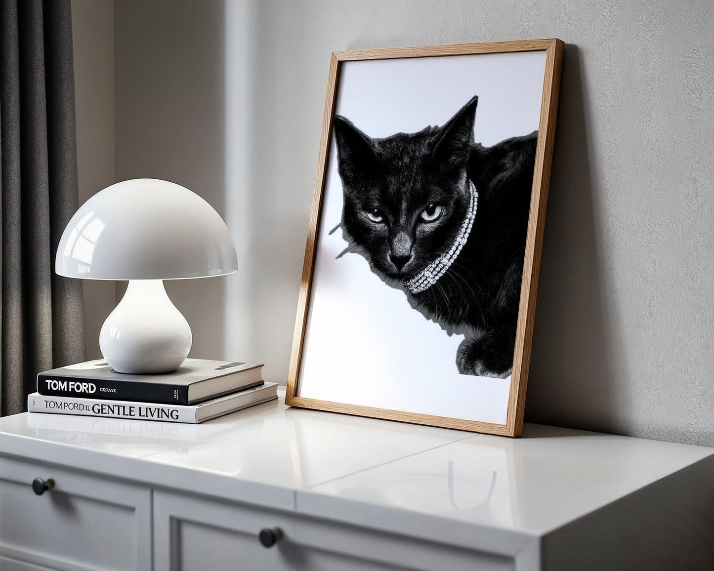 Designer Wall Art | Glam Black Cat Print | Diamond Collar, Minimalist Pet Portrait wall art print, minimalist black and white poster, modern Scandinavian wall decor, Monohaus