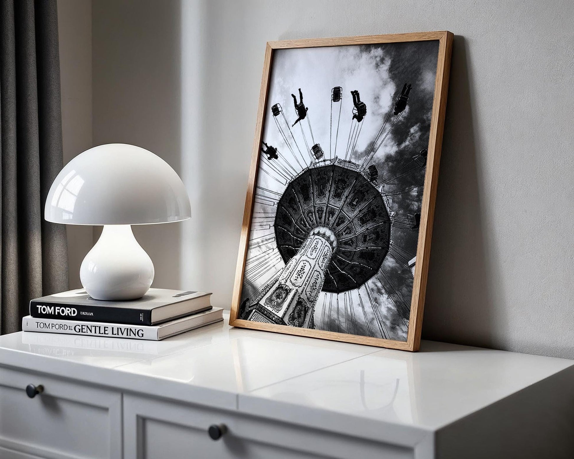 Designer Wall Art | Black and White Swing Ride Photo | Vintage Carnival Art Print wall art print, minimalist black and white poster, modern Scandinavian wall decor, Monohaus