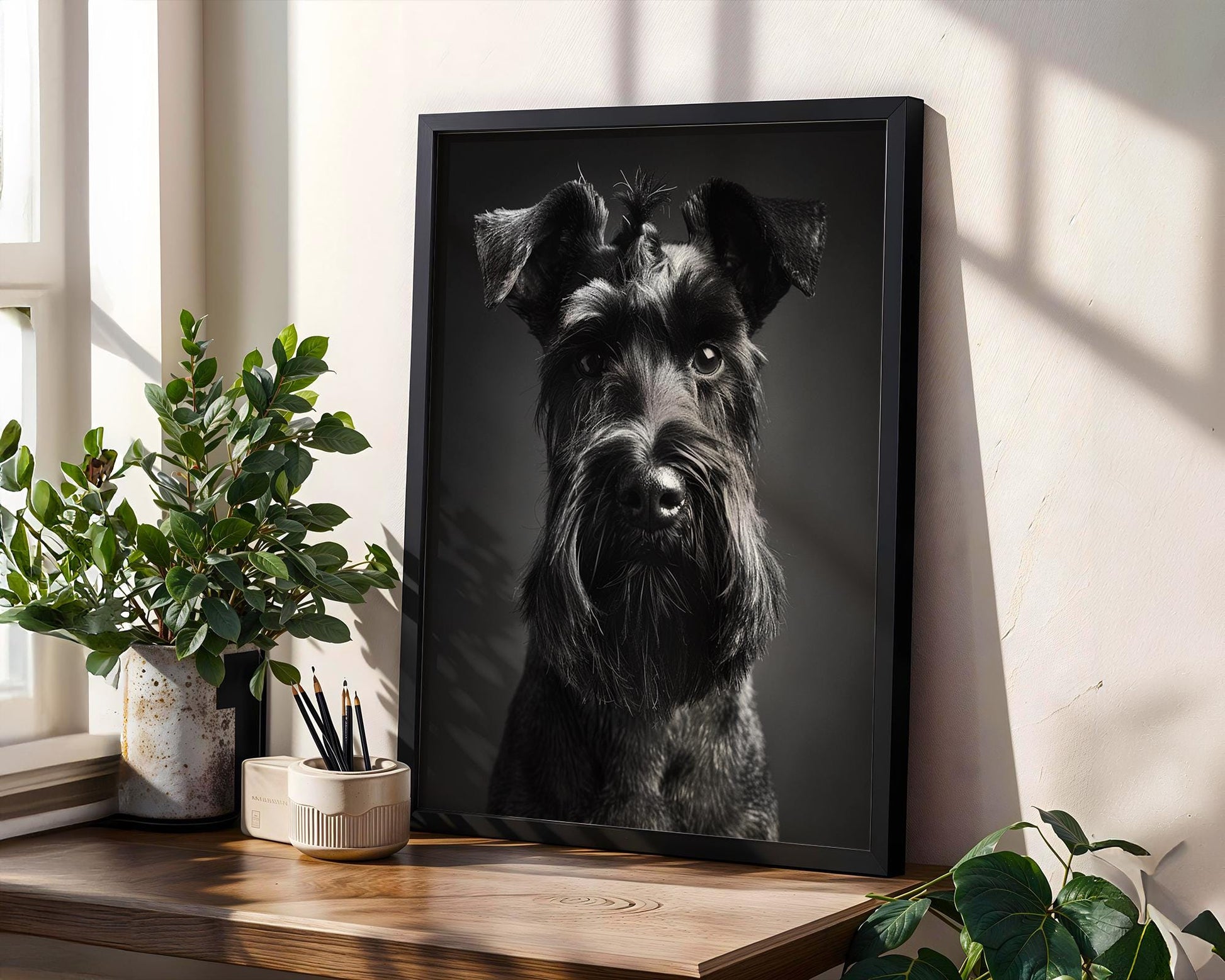 Dog Photography Black Schnauzer Portrait Print | Minimalist wall art print, minimalist black and white poster, modern Scandinavian wall decor, Monohaus