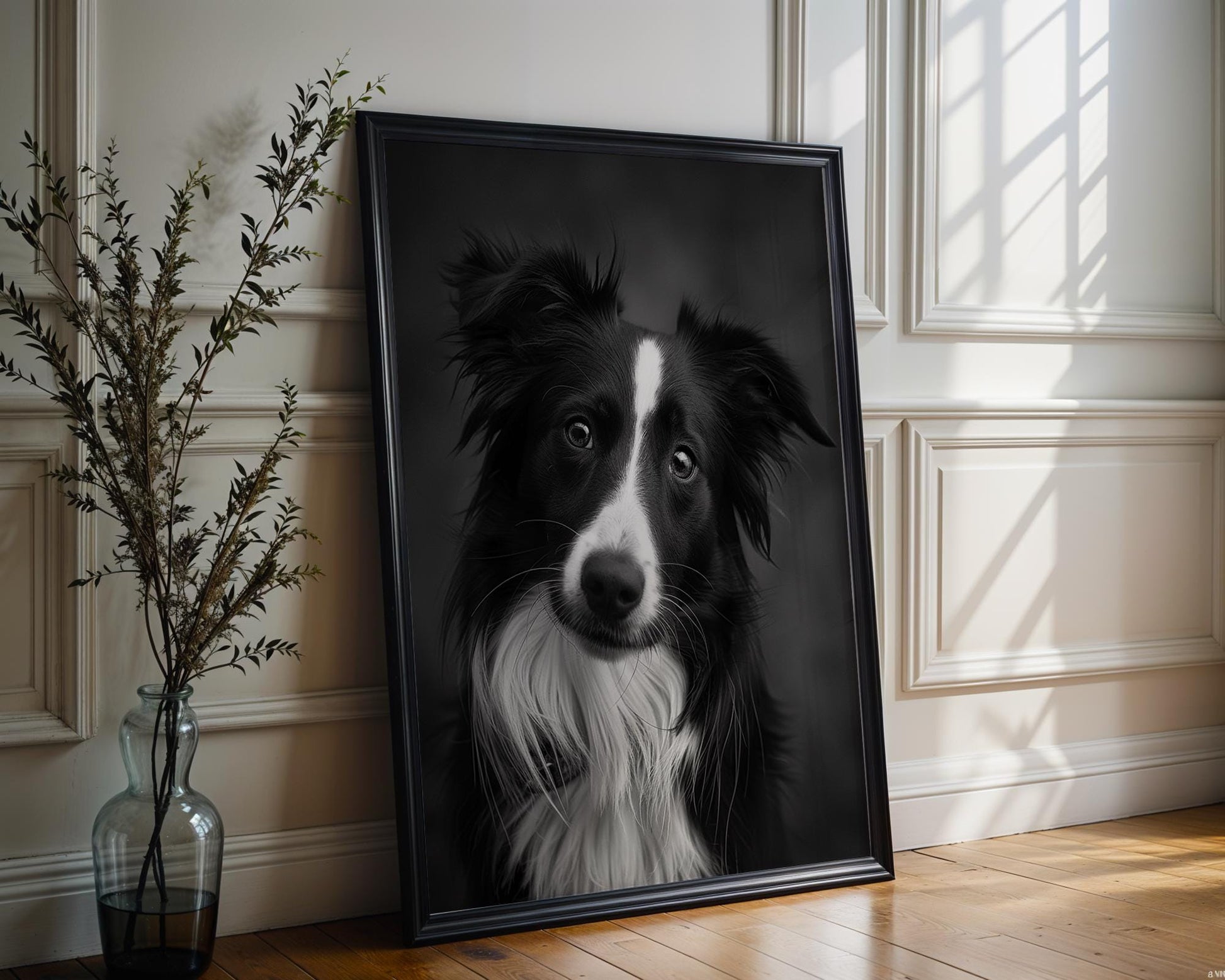 Dog Photography Border Collie Art Print | Minimalist Black and White Pet Portrait wall art print, minimalist black and white poster, modern Scandinavian wall decor, Monohaus