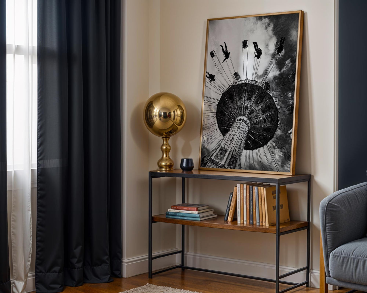 Designer Wall Art | Black and White Swing Ride Photo | Vintage Carnival Art Print wall art print, minimalist black and white poster, modern Scandinavian wall decor, Monohaus