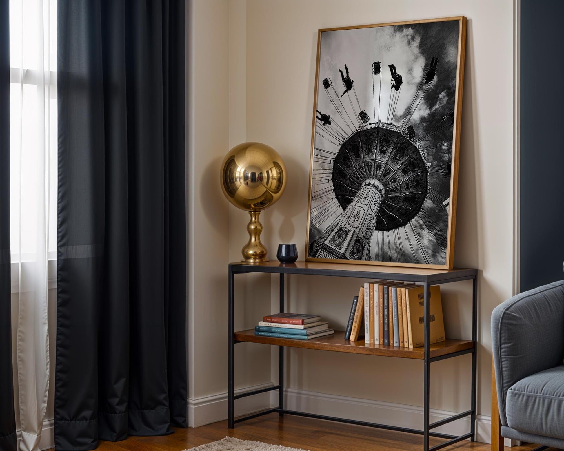 Designer Wall Art | Black and White Swing Ride Photo | Vintage Carnival Art Print wall art print, minimalist black and white poster, modern Scandinavian wall decor, Monohaus