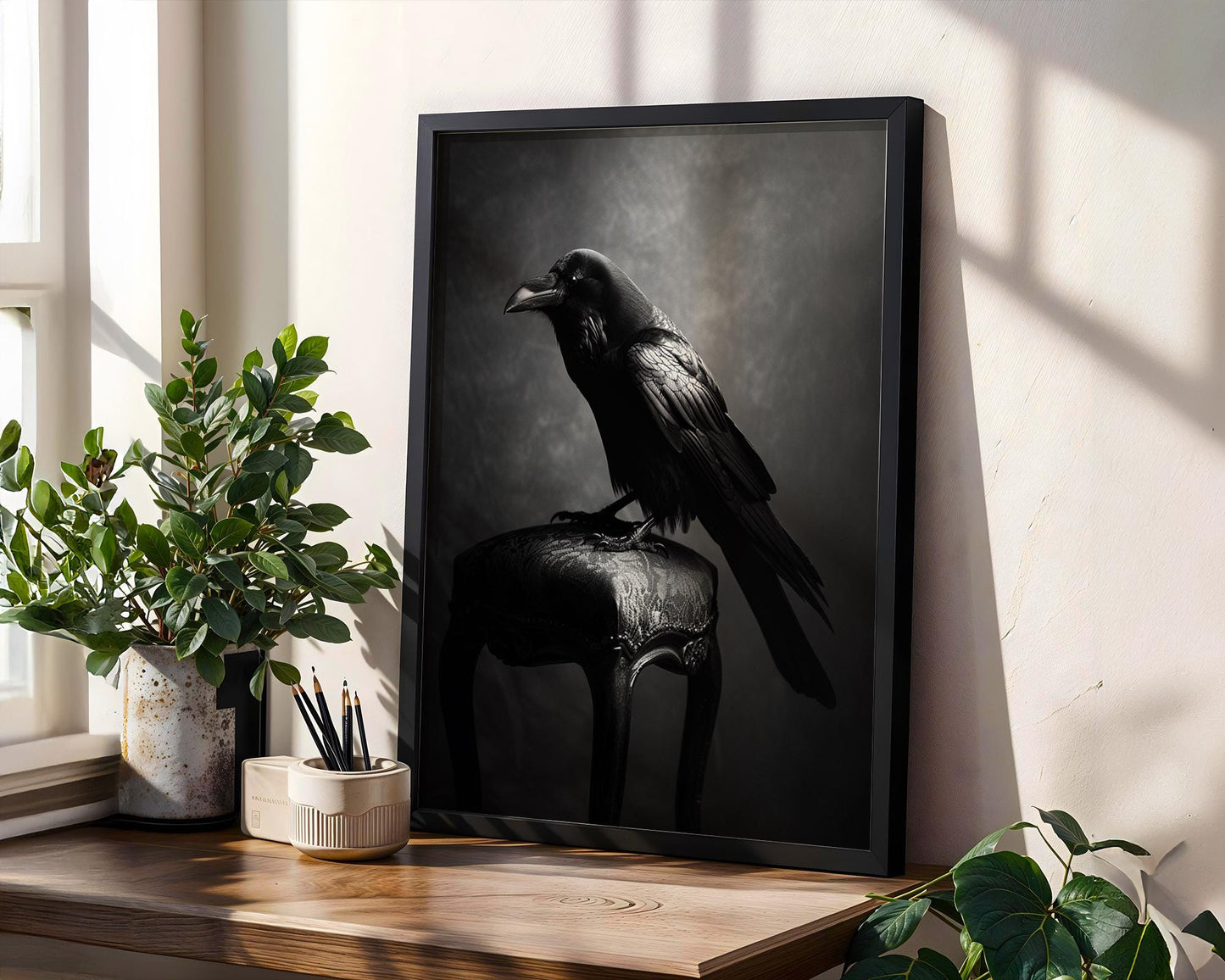 Raven on Antique Chair Art Print | Gothic Black and White Wall Decor wall art print, minimalist black and white poster, modern Scandinavian wall decor, Monohaus