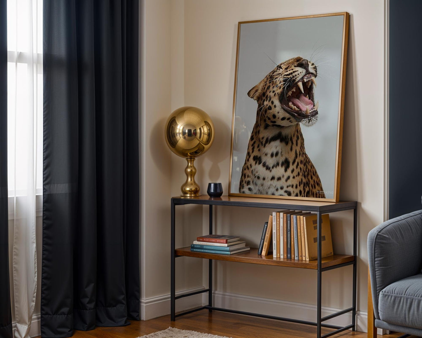 Designer Wall Art | Growling Leopard Print | Black and White Safari Animal Photo wall art print, minimalist black and white poster, modern Scandinavian wall decor, Monohaus