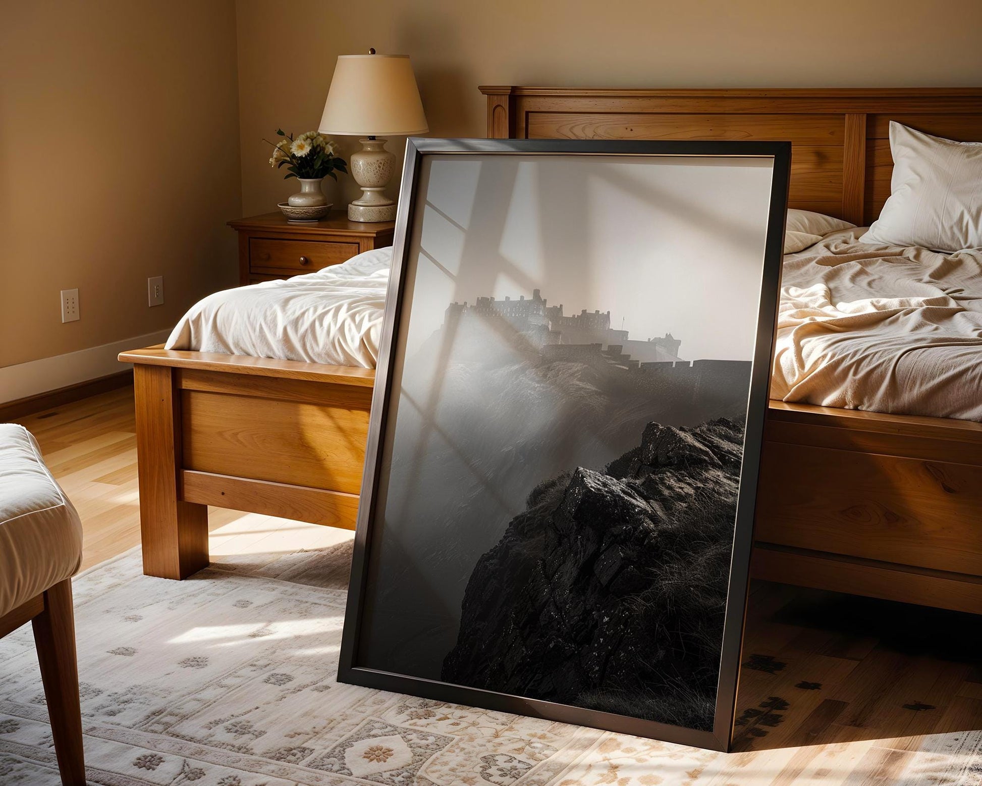 World Landmark | Edinburgh Castle Print | Moody Scotland Black & White Photography wall art print, minimalist black and white poster, modern Scandinavian wall decor, Monohaus