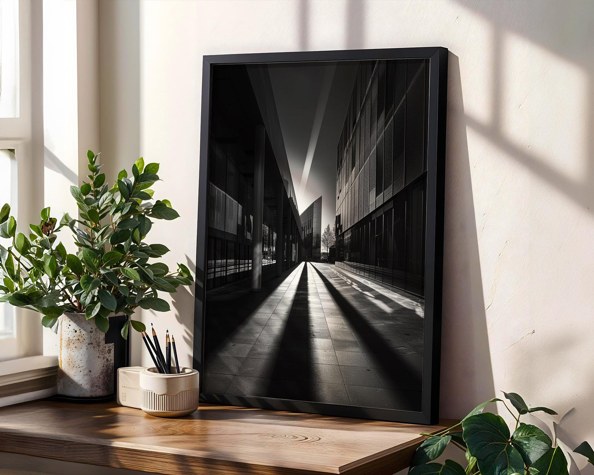 Urban Photography Sunbeam Print Black and White | Minimalist City Street Scene wall art print, black and white architectural poster, minimalist modern Scandinavian wall decor, Monohaus