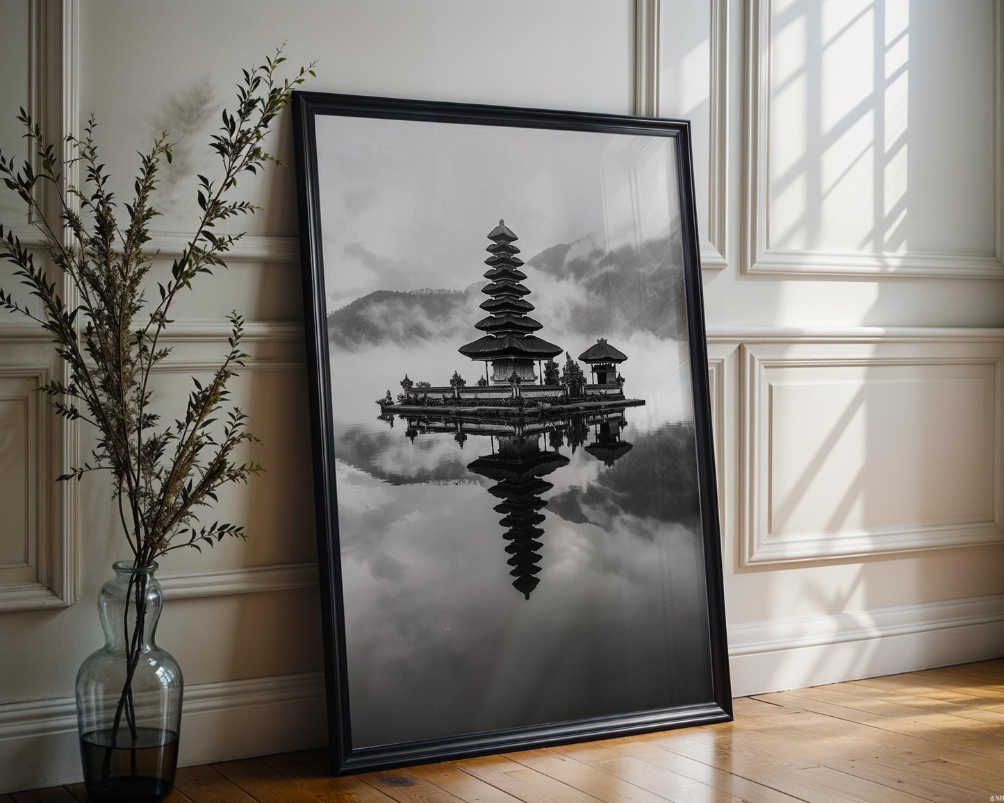 World Landmark | Ulun Danu Temple Bali Print | Black and White Asian Photography wall art print, minimalist black and white poster, modern Scandinavian wall decor, Monohaus