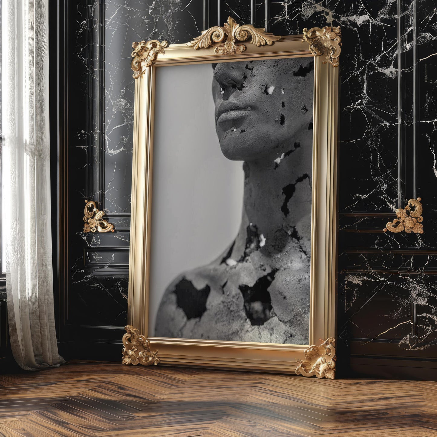 Designer Wall Art | Cracked Face Sculpture Print | Dark Gothic Modern Art wall art print, minimalist black and white poster, modern Scandinavian wall decor, Monohaus