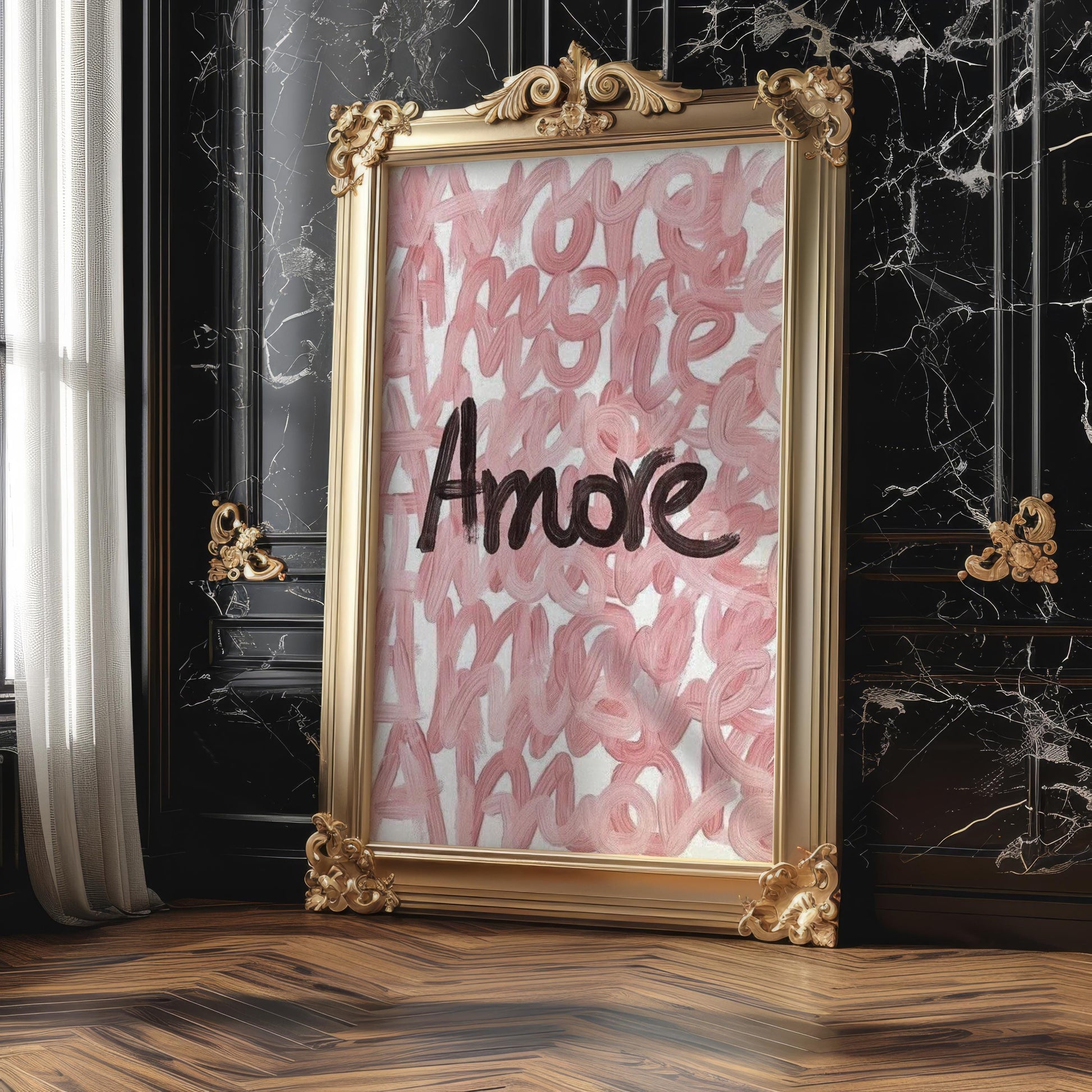 Designer Wall Art | Amore Typography Poster | Modern Blush Pink Love Print typography wall art print, minimalist black and white type poster, modern graphic design decor, Monohaus