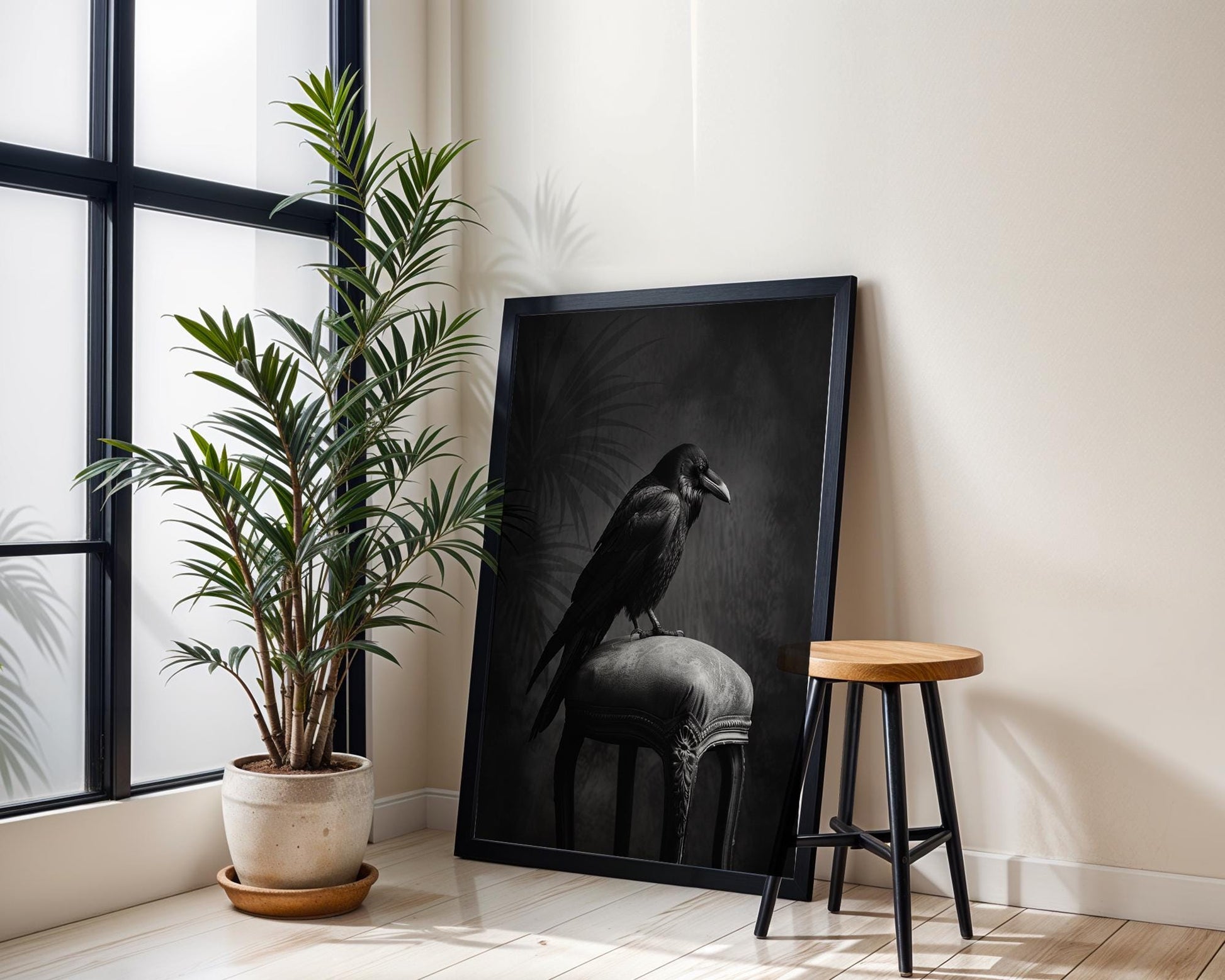 Minimal Wall Art Gothic Raven Print | Moody Black and White Photography wall art print, minimalist black and white poster, modern Scandinavian wall decor, Monohaus