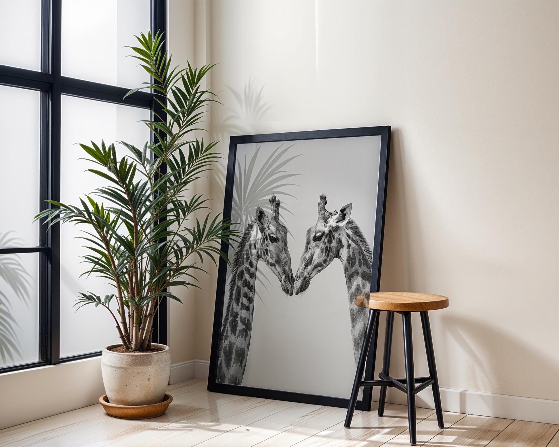 Wildlife Poster | Giraffe Pair Fine Art Print • Black & White Safari Photography wall art print, minimalist black and white poster, modern Scandinavian wall decor, Monohaus