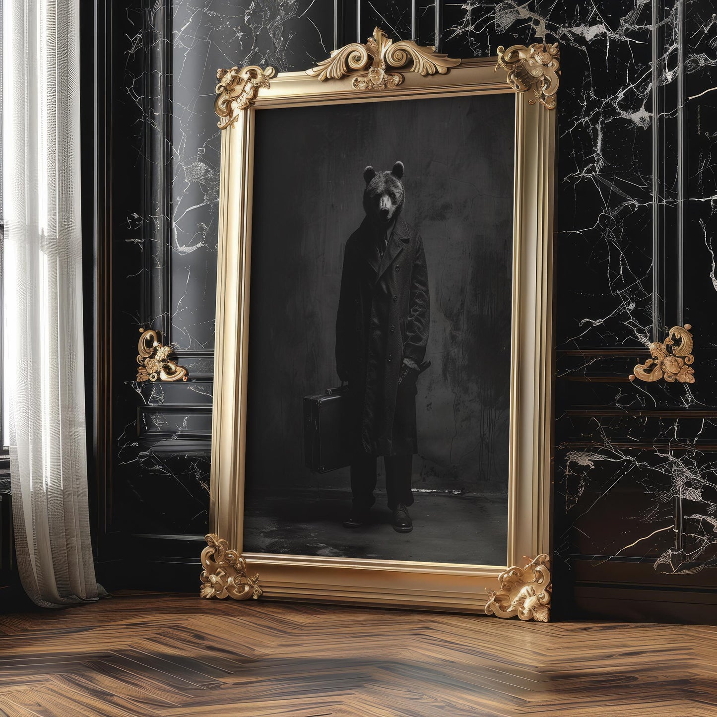 Dog Photography Bear in Trench Coat Art Print | Monohaus Minimalist Poster wall art print, minimalist black and white poster, modern Scandinavian wall decor, Monohaus