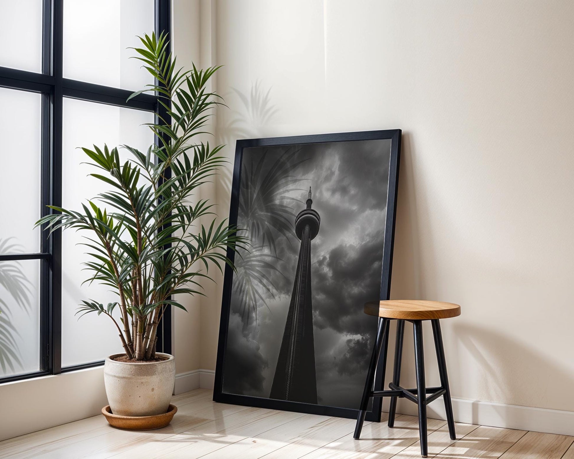 World Landmark | CN Tower Print | Dramatic Storm Clouds, Toronto Photography wall art print, black and white architectural poster, minimalist modern Scandinavian wall decor, Monohaus