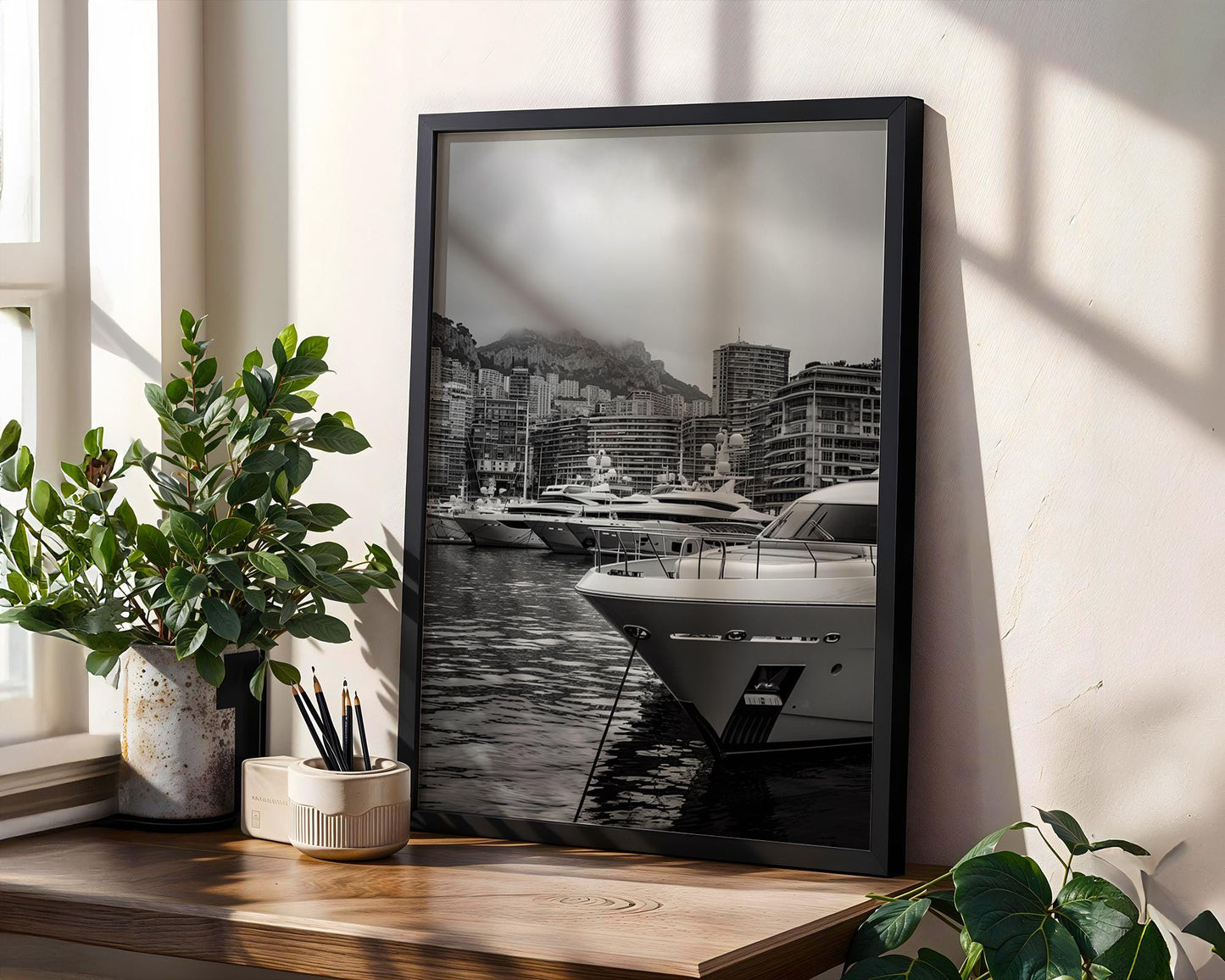 World Landmark | Monaco Harbor Black and White Photography Print | Modern Yacht Marina Art