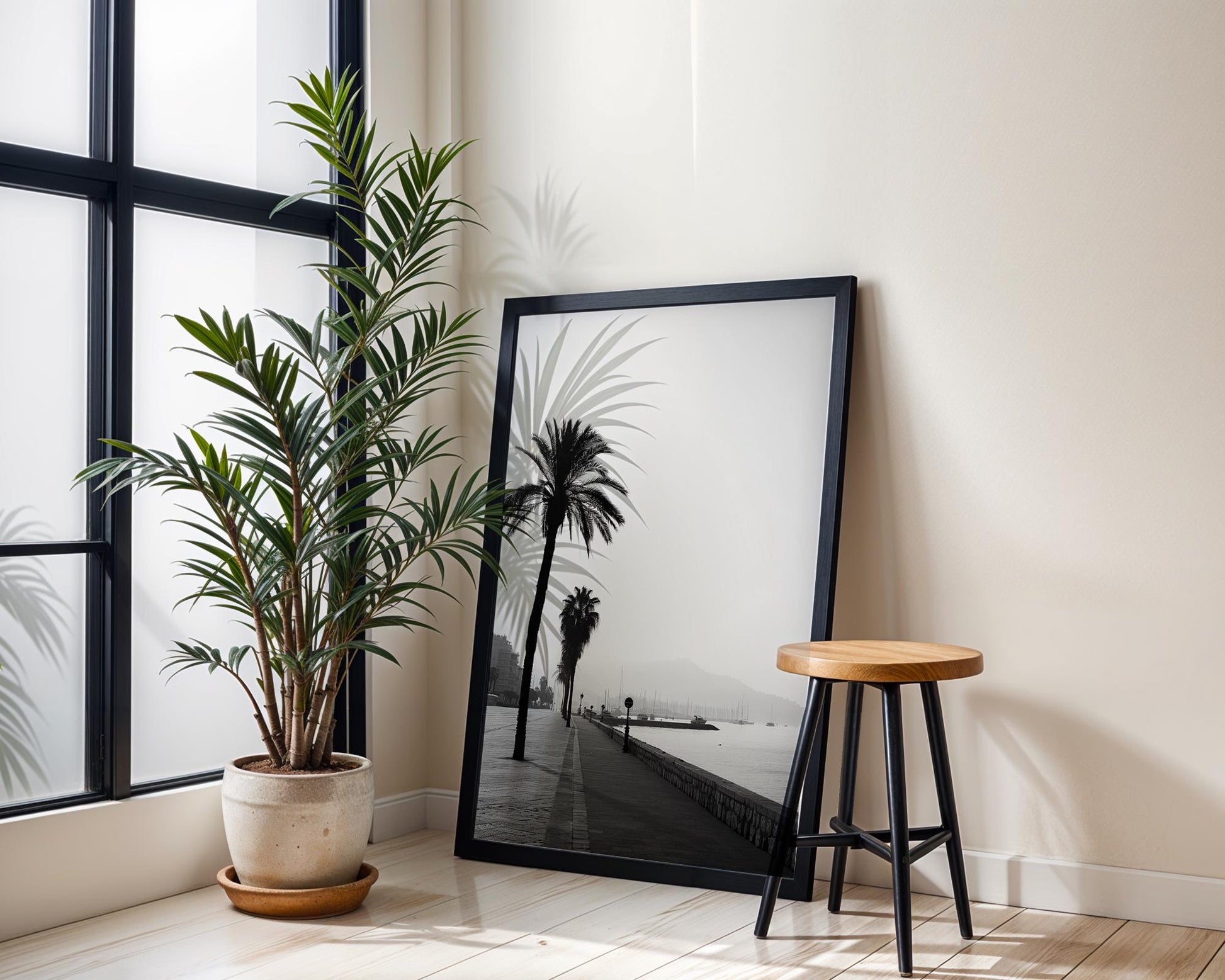 World Landmark | Cannes Promenade Palm Tree Print | French Riviera Black and White Photography wall art print, minimalist black and white poster, modern Scandinavian wall decor, Monohaus