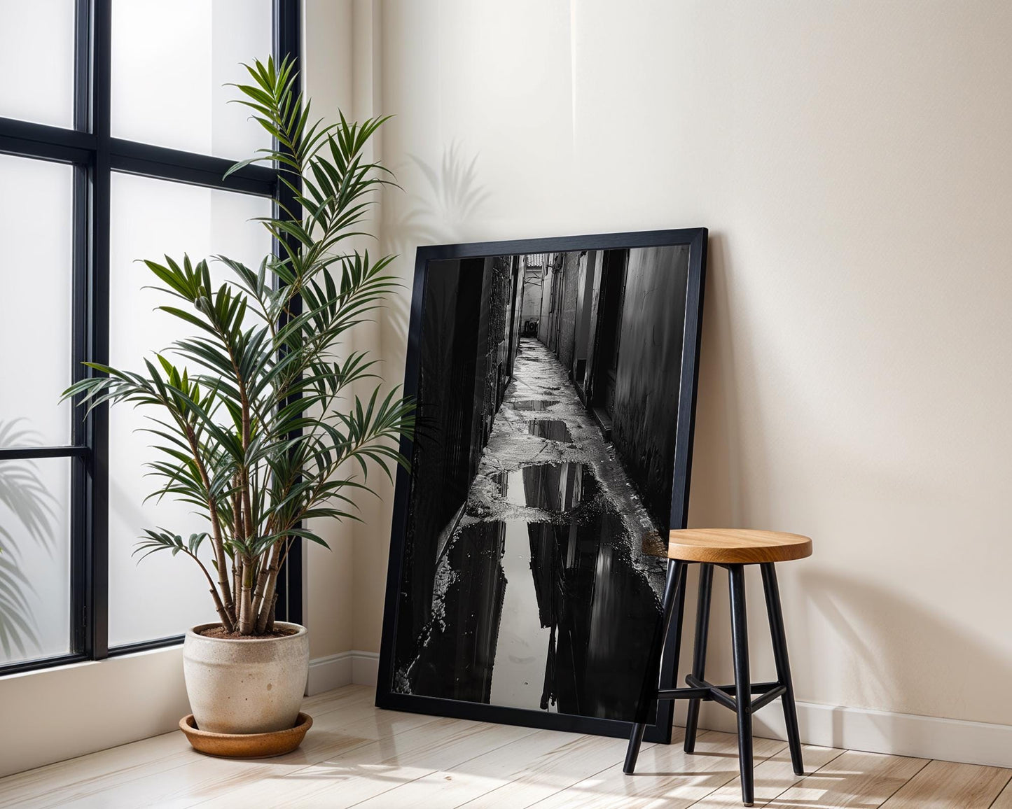 Dark Alley Photography Print | Black and White Urban Reflection black and white photo print, minimalist monochrome wall art poster for modern interiors, Monohaus