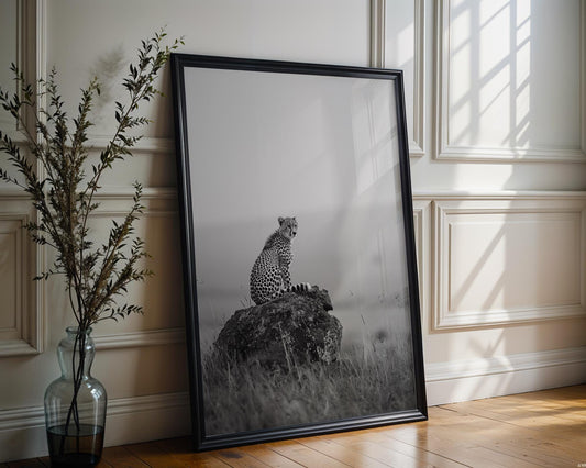Wildlife Poster | Cheetah on Rock Print | Minimalist Safari Photography wall art print, minimalist black and white poster, modern Scandinavian wall decor, Monohaus