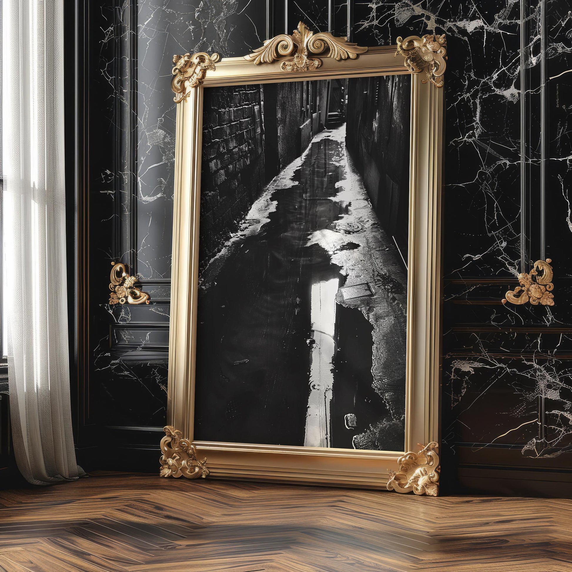 Urban Photography | Black and White Alleyway Fine Art Print | Urban Reflection black and white photo print, minimalist monochrome wall art poster for modern interiors, Monohaus