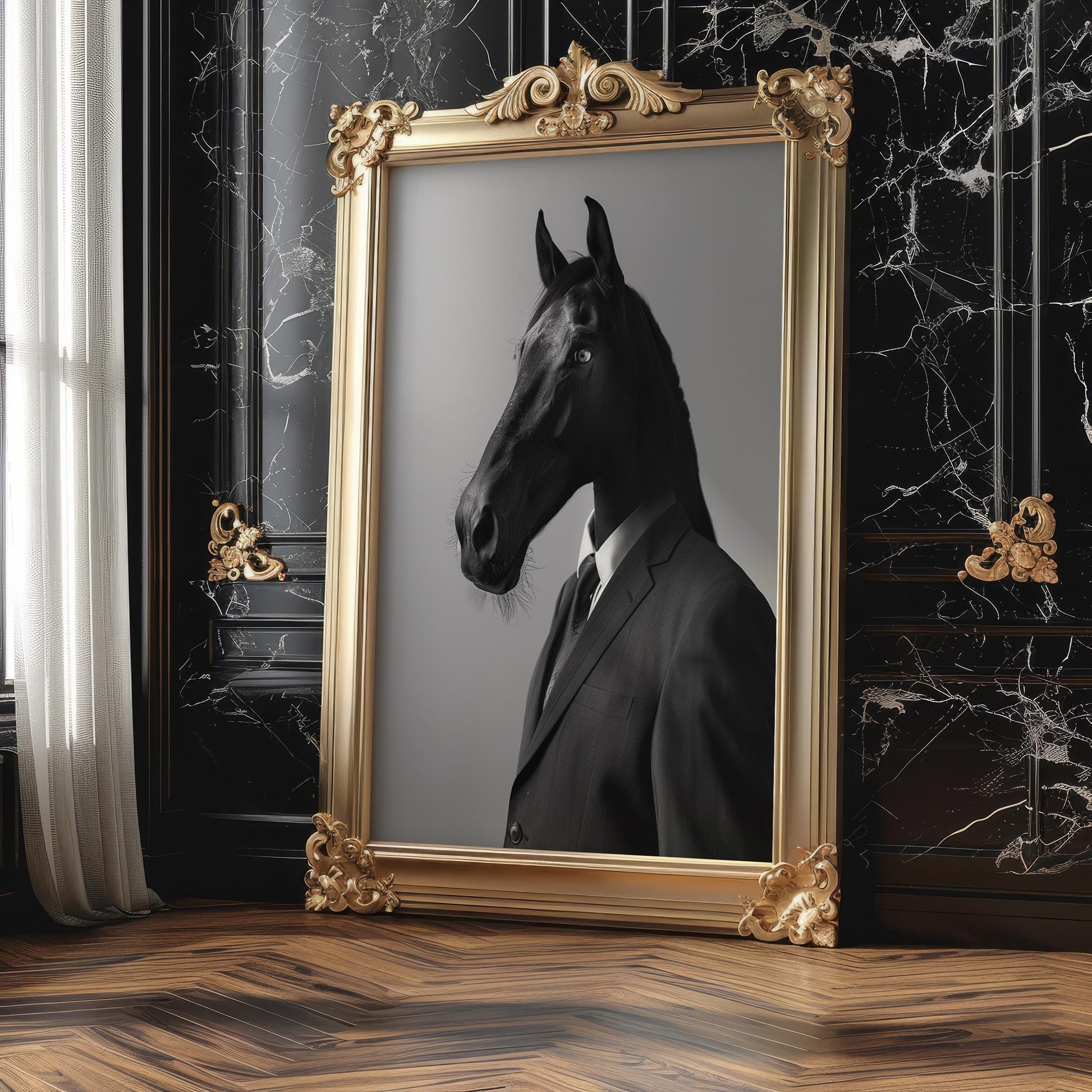 Designer Wall Art | Horse in Suit Print | Surreal Equestrian Art, Modern Minimalist Decor wall art print, minimalist black and white poster, modern Scandinavian wall decor, Monohaus