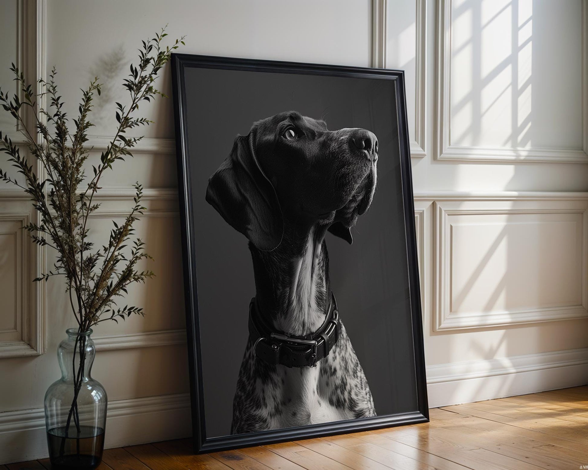 Dog Photography German Shorthaired Pointer Print | Modern Pet Portrait, Studded Collar wall art print, minimalist black and white poster, modern Scandinavian wall decor, Monohaus