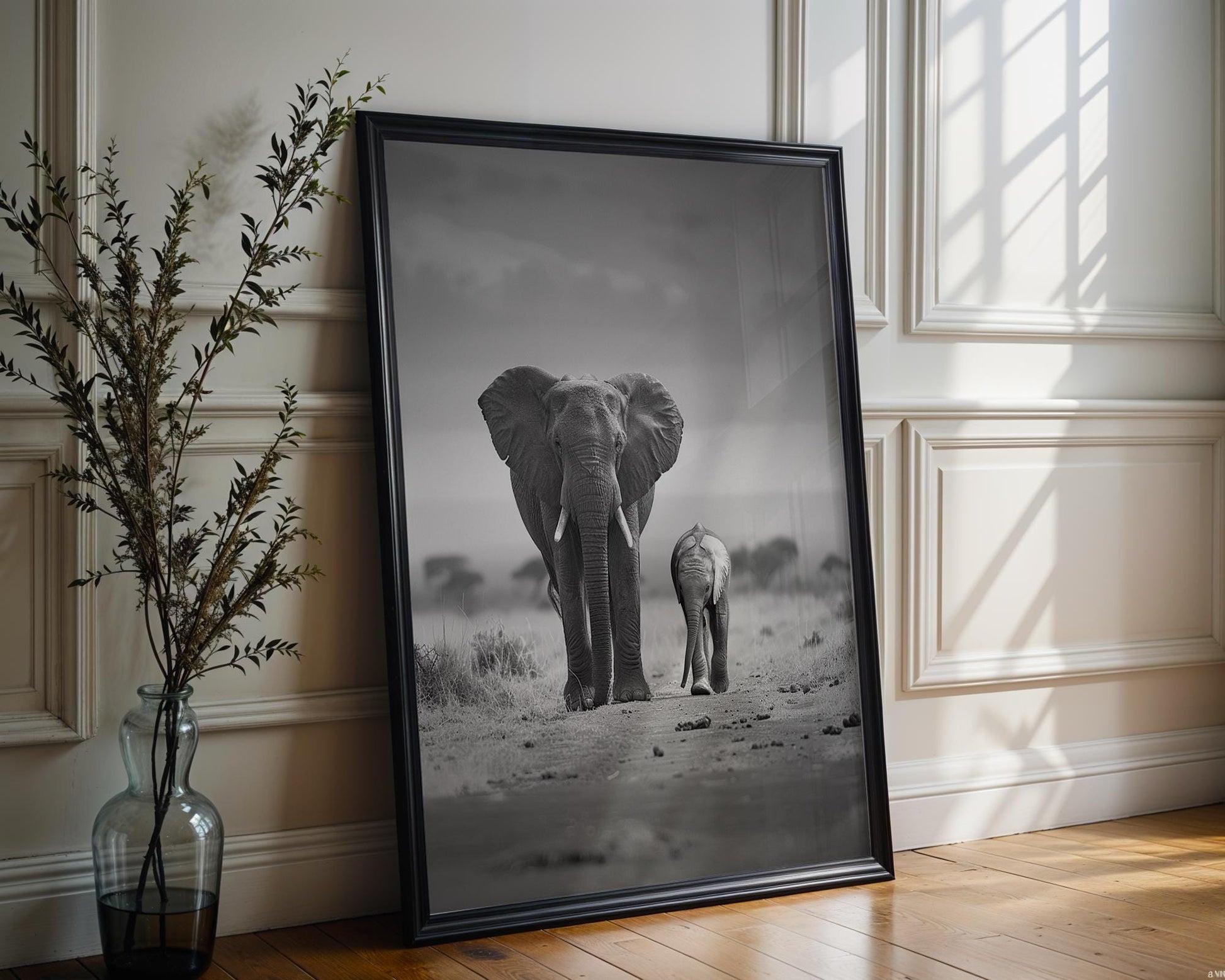 Wildlife Poster | Elephant and Calf Print • Black & White Safari Photography, Scandi Wall Art wall art print, minimalist black and white poster, modern Scandinavian wall decor, Monohaus