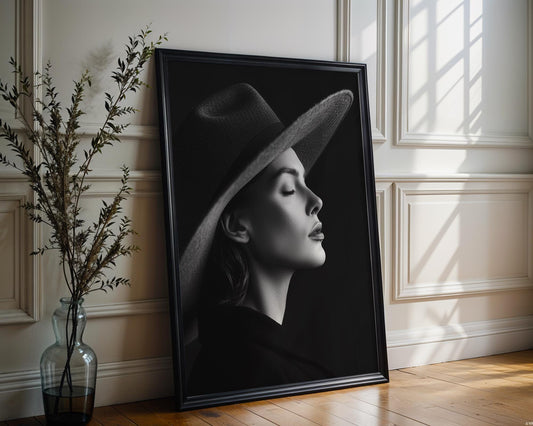 Minimal Wall Art Woman in Hat Art Print | Serene Fashion Portrait wall art print, minimalist black and white poster, modern Scandinavian wall decor, Monohaus