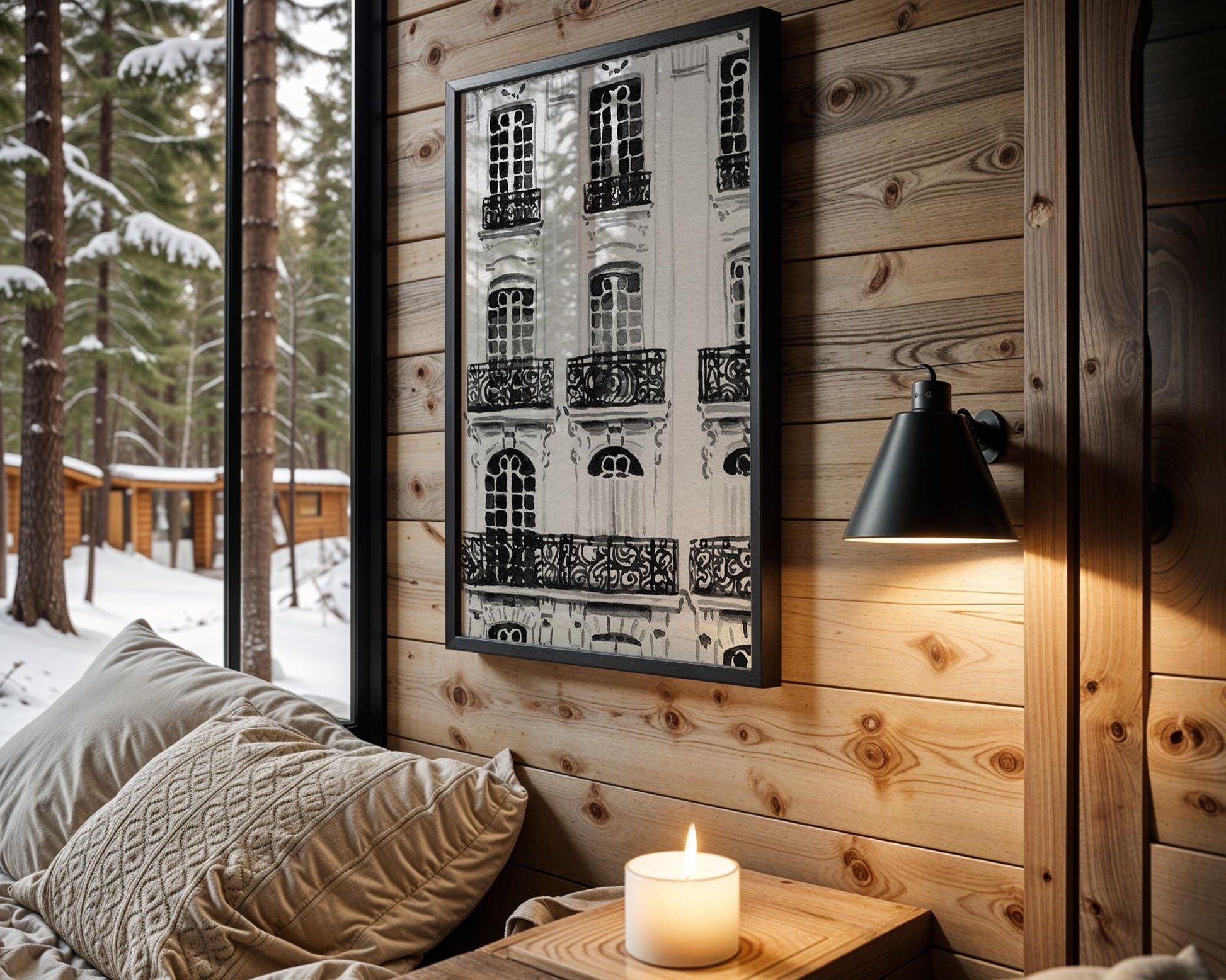 Designer Wall Art | Paris Haussmann Architecture Print | Black & White Balcony wall art print, black and white architectural poster, minimalist modern Scandinavian wall decor, Monohaus